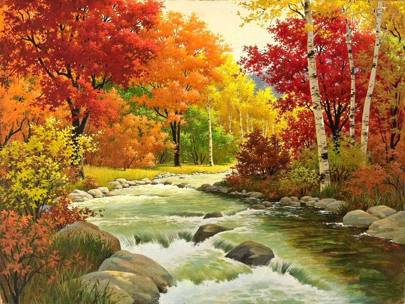 Stream in Autumn Forest — Red, Serene, Painting, Trees, Rocks