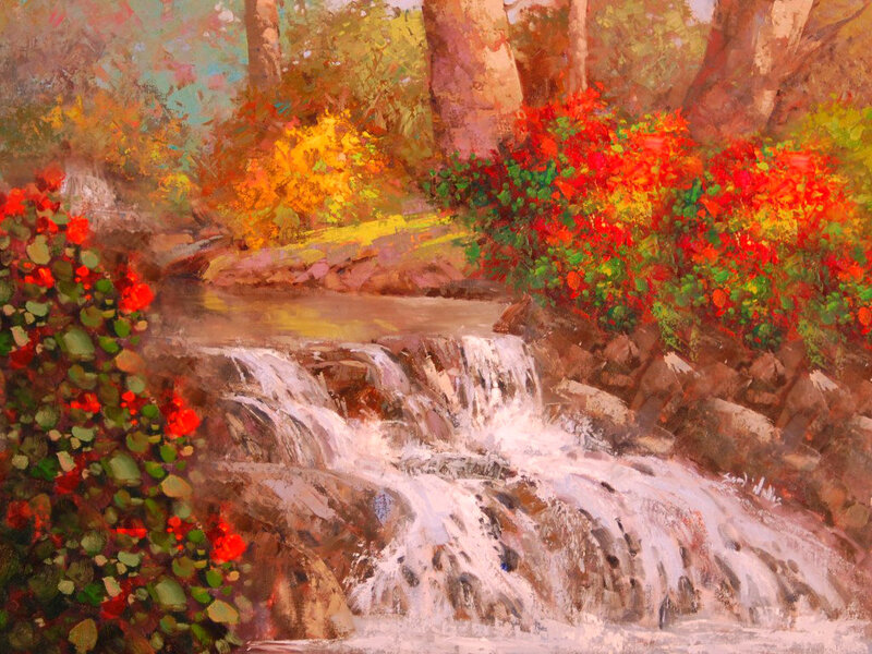 Stream in Autumn Forest — Red, Serene, Painting, Trees