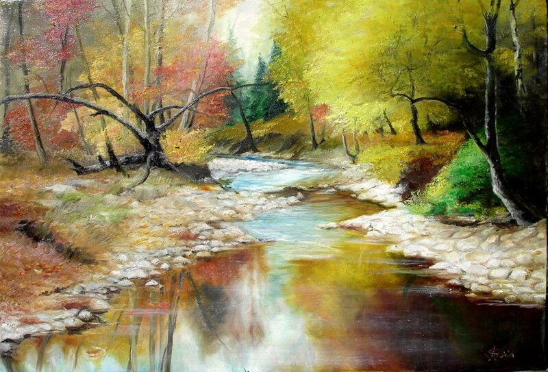 Stream in Autumn Forest — Yellow, Serene, Painting, Trees