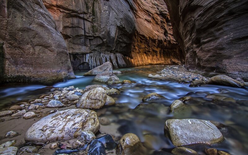 Stream in Canyon — Brown, Serene, Photograph, Rocks