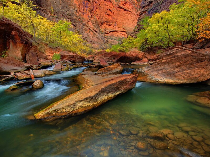 Stream in Canyon — Green, Serene, Autumn, Photograph, Trees, Rocks, Brown, Red