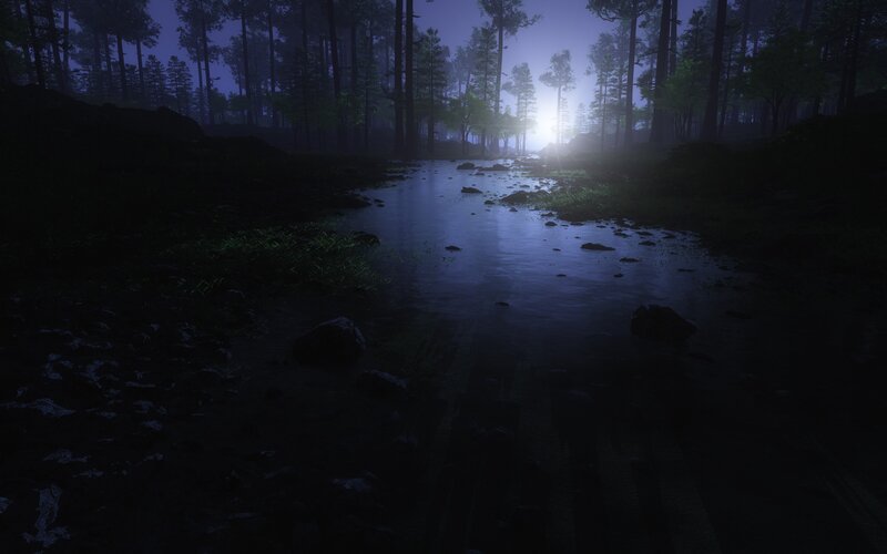 Stream in Dark Forest — Blue, Night