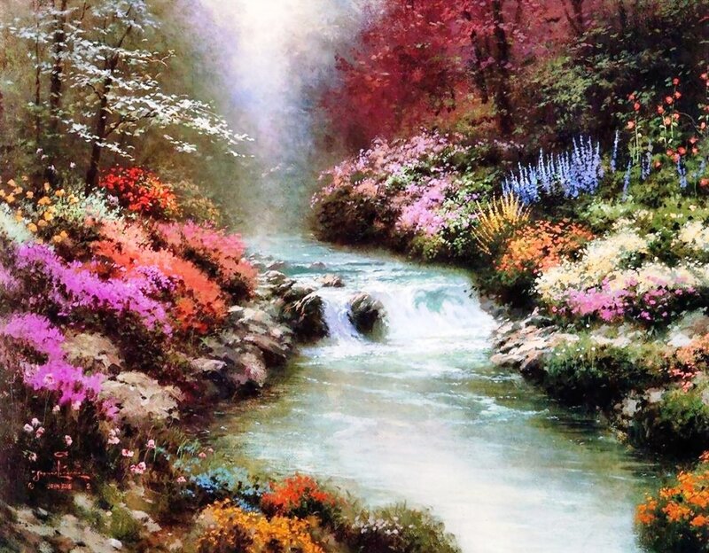 Stream in Flower Garden — Green, Serene