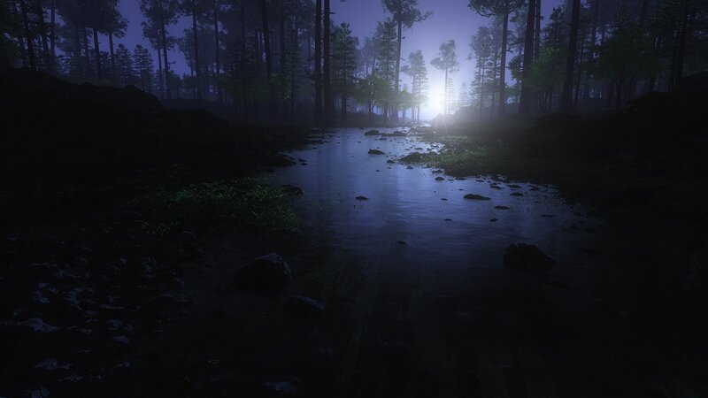 Stream in Forest at Night — Blue, Dark