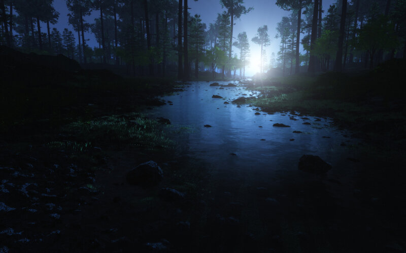 Stream in Forest at Night — Blue, Mysterious