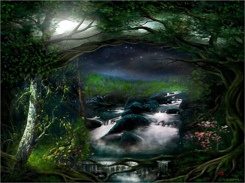 Stream in Forest at Night — Green