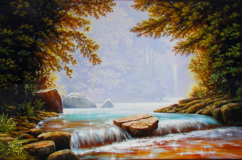 Stream in Forest — Blue, Serene, Morning