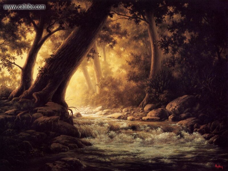 Stream in Forest — Brown, Serene, Sunset, Painting
