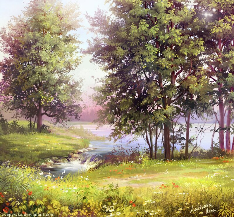 Stream in Forest Clearing — Green, Serene, Afternoon, Digital Art