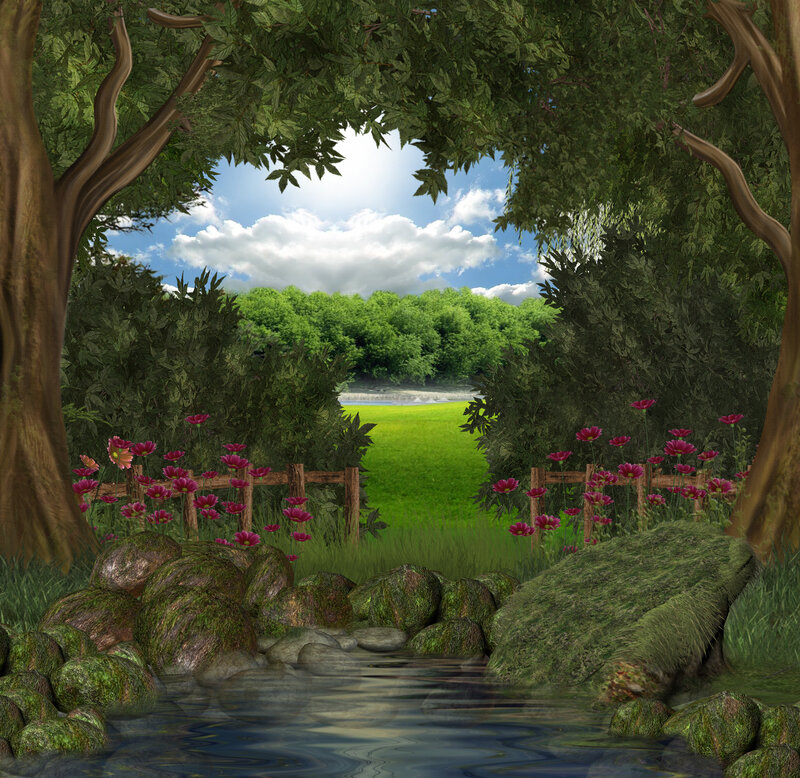 Stream in Forest Clearing — Green, Serene, Afternoon, Digital Art, Trees