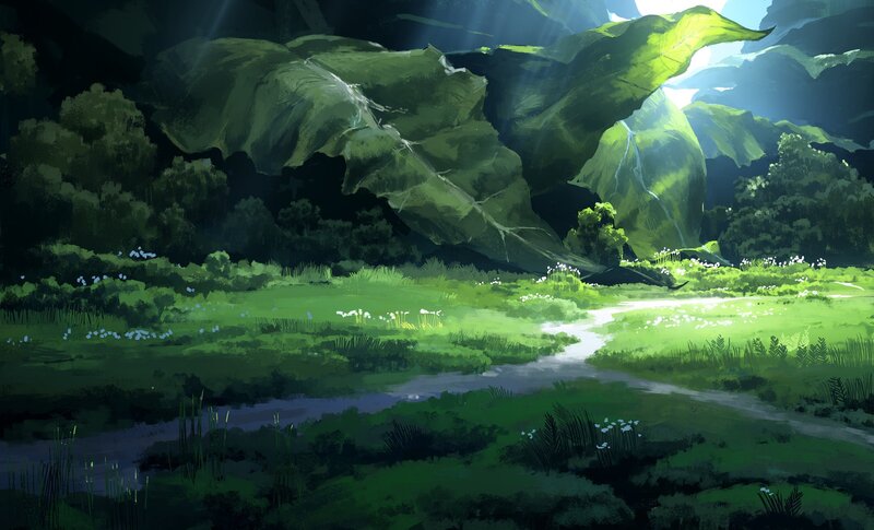 Stream in Forest Clearing — Green, Serene, Morning