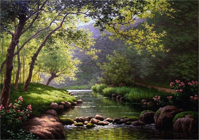 Stream in Forest Clearing — Green, Serene