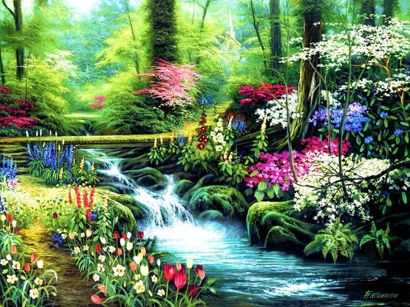 Stream in Forest Garden — Green, Serene, Afternoon
