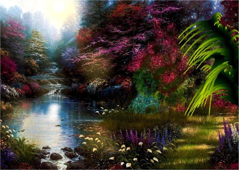 Stream in Forest Garden — Green, Serene, Morning