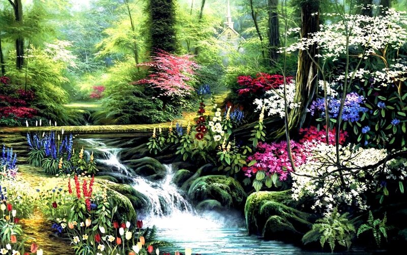 Stream in Forest Garden — Green, Serene, Spring, Painting