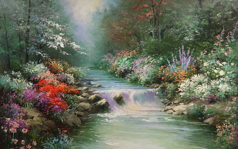 Stream in Forest Garden — Green, Serene, Spring
