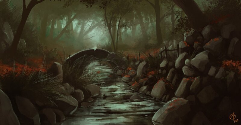 Stream in Forest — Green, Mysterious