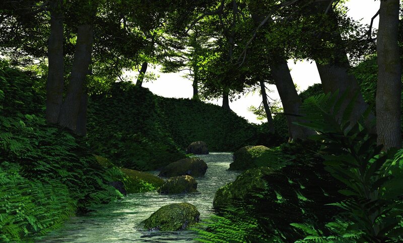 Stream in Forest — Green, Serene, Afternoon, 3d Render, Trees