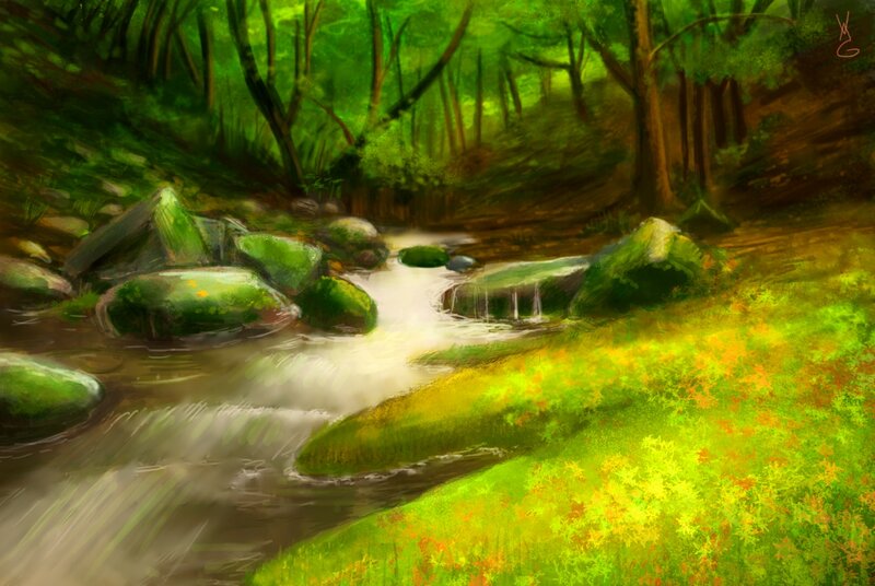 Stream in Forest — Green, Serene, Afternoon, Digital Art, Rocks