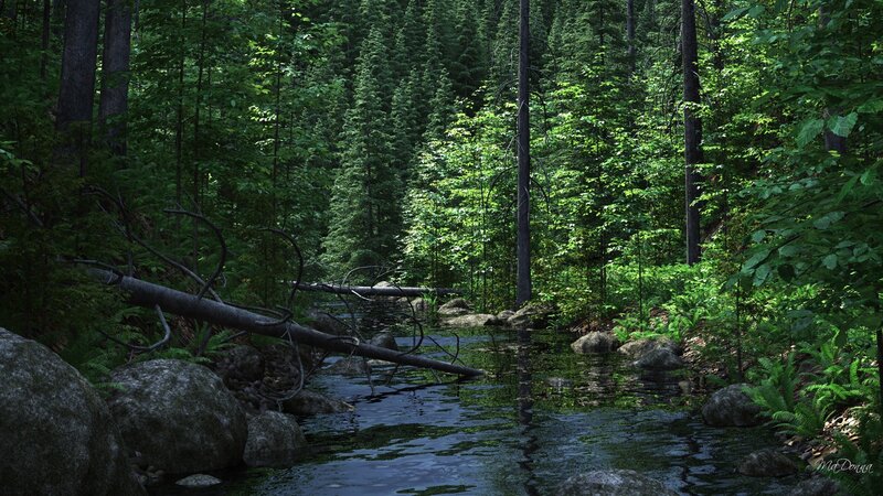 Stream in Forest — Green, Serene, Afternoon, Digital Art