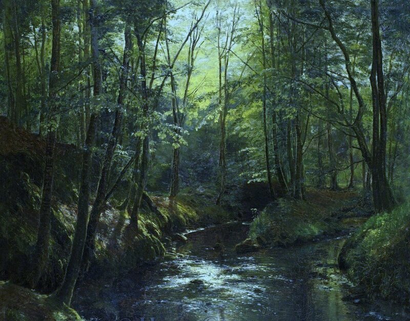 Stream in Forest — Green, Serene, Afternoon, Painting