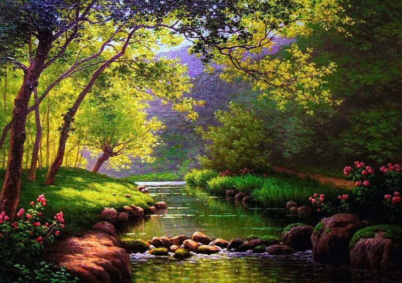 Stream in Forest — Green, Serene, Afternoon, Painting, Trees, Flowers