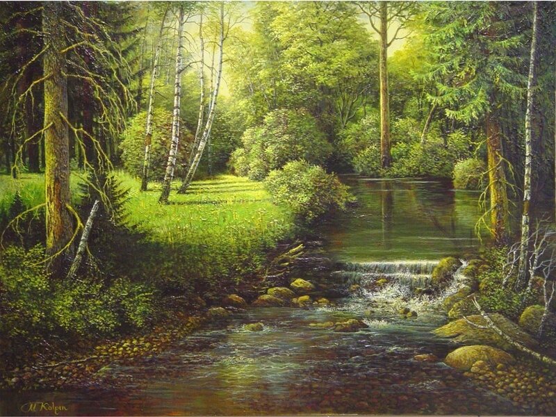 Stream in Forest — Green, Serene, Afternoon, Painting, Trees, River, Rocks, Brown