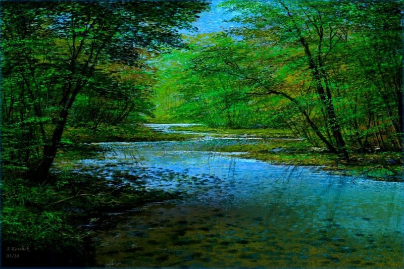 Stream in Forest — Green, Serene, Afternoon, Painting, Trees, River
