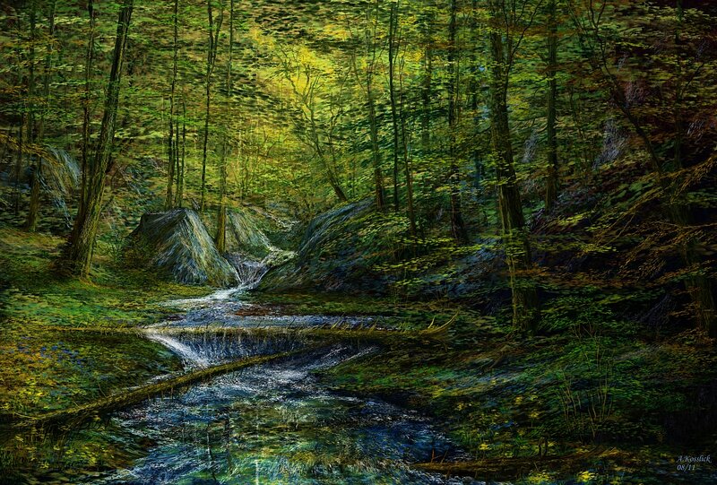 Stream in Forest — Green, Serene, Afternoon, Painting, Trees, Rocks, Flowers