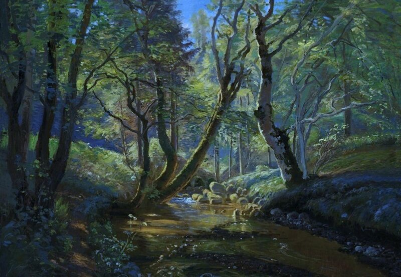 Stream in Forest — Green, Serene, Afternoon, Painting, Trees