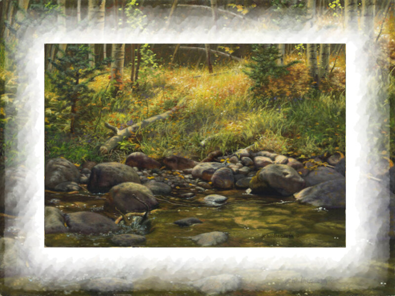 Stream in Forest — Green, Serene, Autumn, Painting