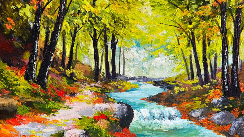 Stream in Forest — Green, Serene, Autumn, Painting, Trees, River