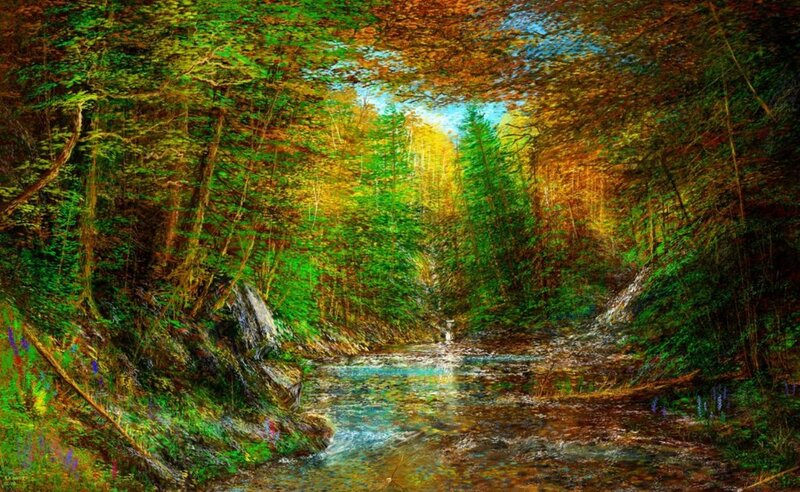 Stream in Forest — Green, Serene, Autumn, Painting, Trees