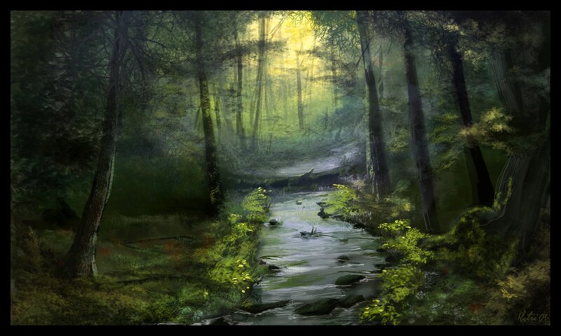 Stream in Forest — Green, Serene, Morning, Digital Art