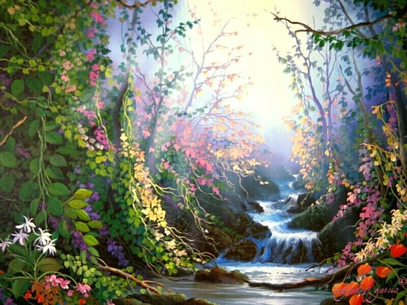 Stream in Forest — Green, Serene, Morning, Painting, Flowers