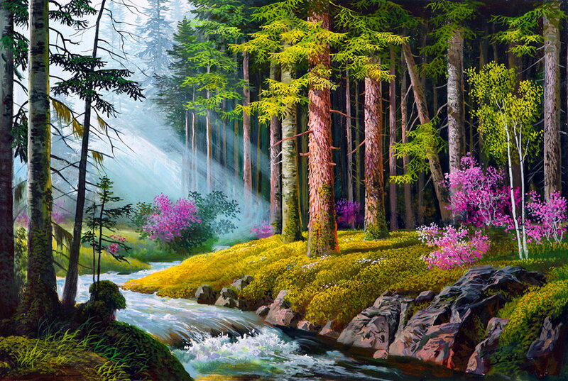 Stream in Forest — Green, Serene, Morning, Painting, Trees, Flowers, Rocks