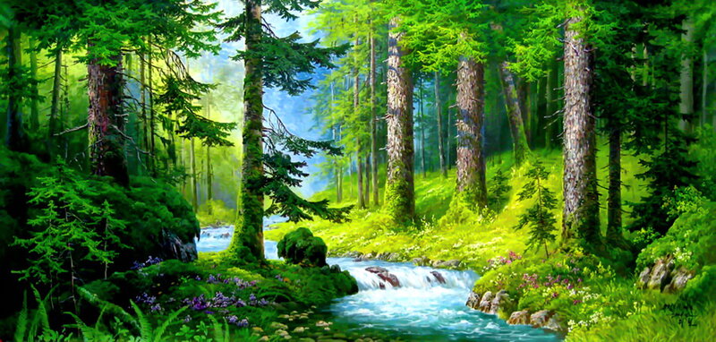 Stream in Forest — Green, Serene, Morning, Painting, Trees, Flowers