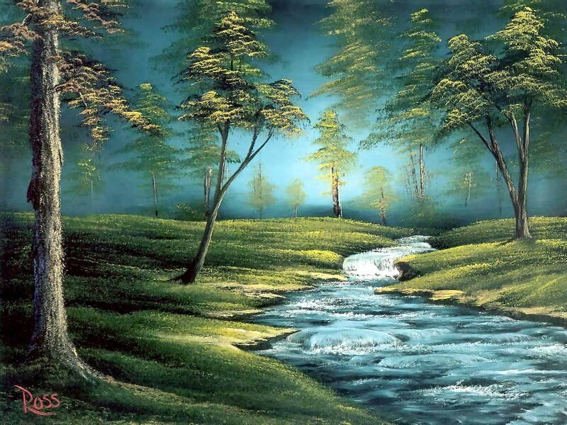 Stream in Forest — Green, Serene, Morning, Painting, Trees, Grass