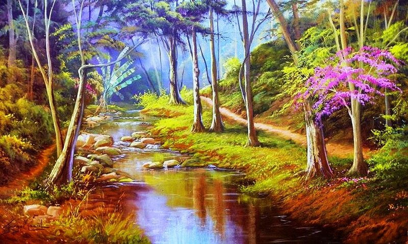 Stream in Forest — Green, Serene, Morning, Painting, Trees, River, Path
