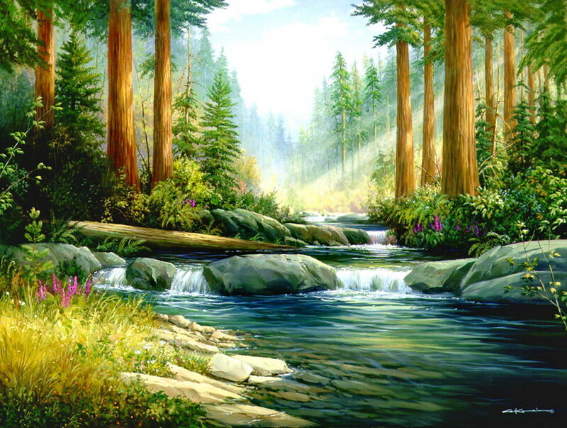 Stream in Forest — Green, Serene, Morning, Painting, Trees, Rocks, Flowers