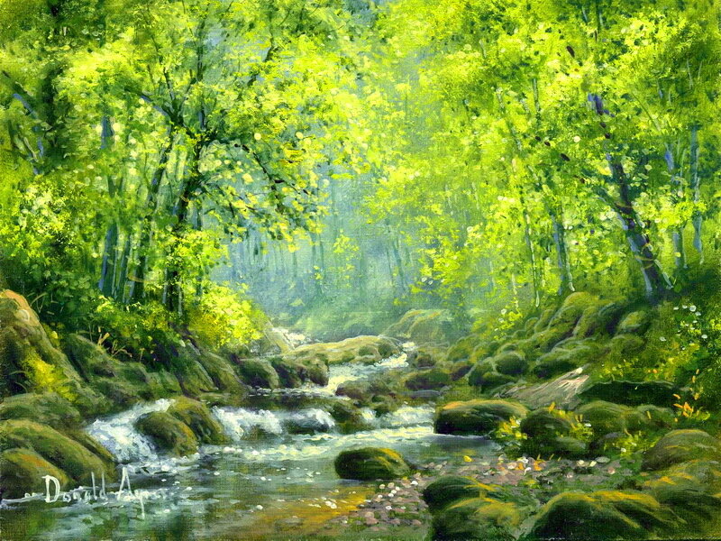 Stream in Forest — Green, Serene, Morning, Painting, Trees