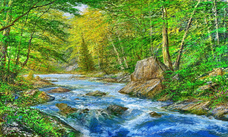 Stream in Forest — Green, Serene, Summer, Painting