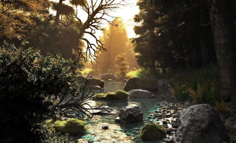 Stream in Forest — Green, Serene, Sunset, 3d Render