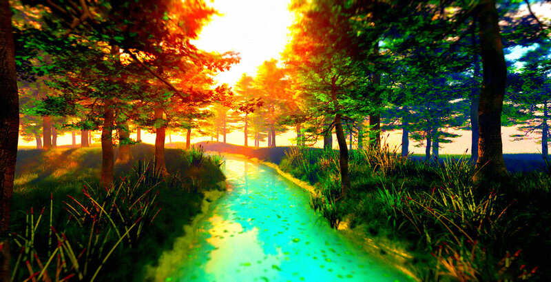 Stream in Forest — Green, Serene, Sunset, Digital Art