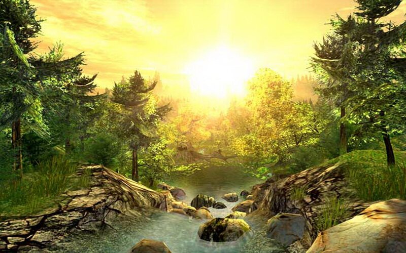 Stream in Forest — Green, Serene, Sunset, Digital Art, Trees