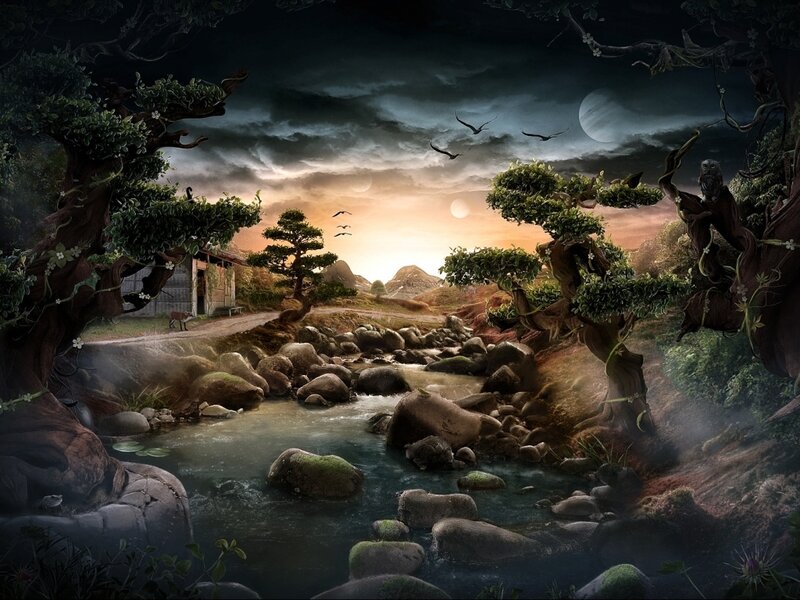 Stream in Forest Landscape — Green, Dramatic