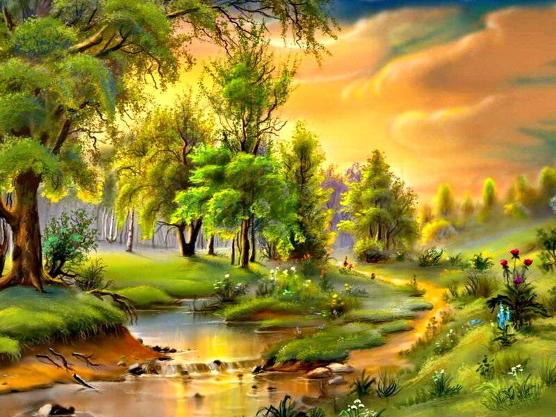 Stream in Forest Landscape — Green, Serene, Sunset, Painting