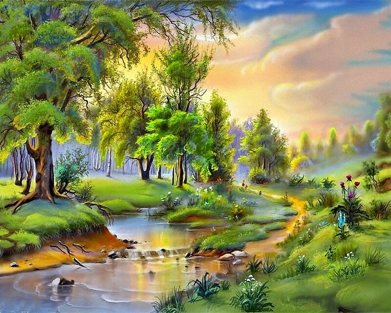 Stream in Forest Landscape — Green, Serene, Sunset