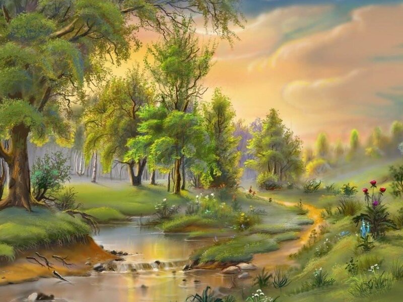 Stream in Forest Landscape — Green, Serene