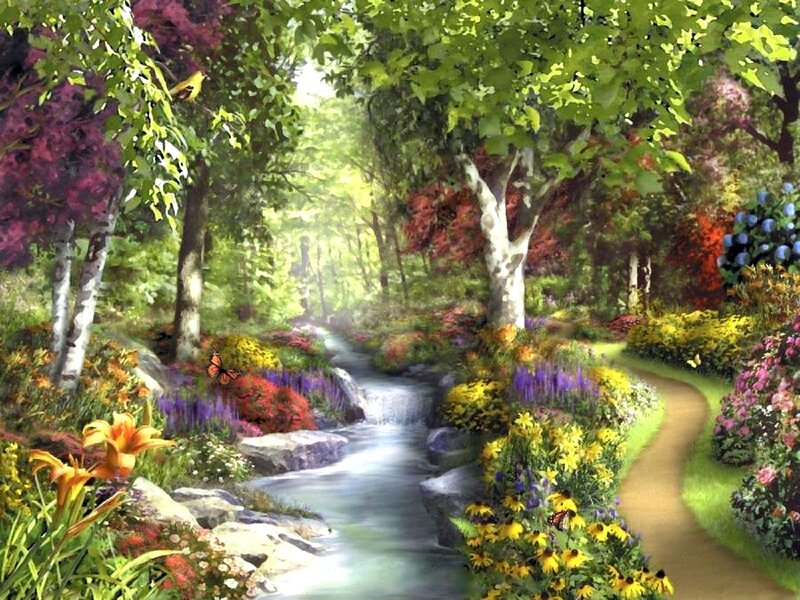 Stream in Garden — Green, Serene, Afternoon, Digital Art